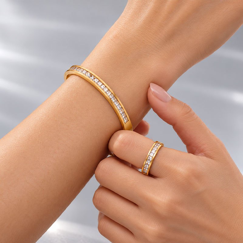 Women's 2pc Bracelet & Ring Set, Rectangular Bevel-Cut Zirconia
